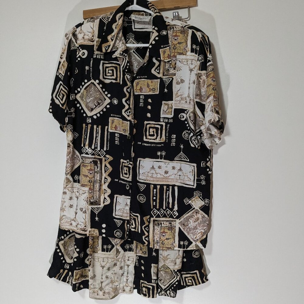 *3/$10* Conrad C Patterned Blouse and Skirt Set Beige Black VINTAGE Size Medium